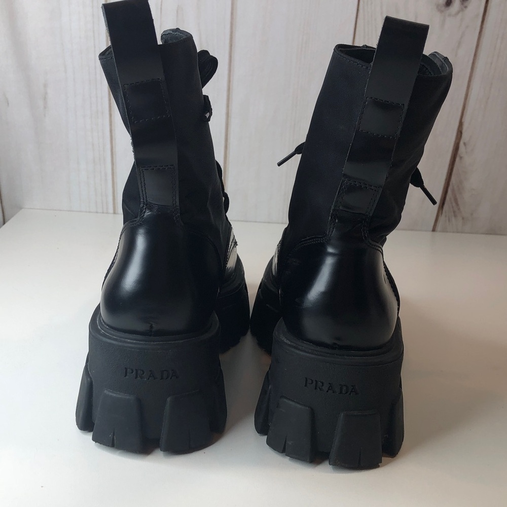 Prada Black Leather & Nylon Lug Sole Platform Combat Boots EU 38 Made in Italy - Picture 4 of 17